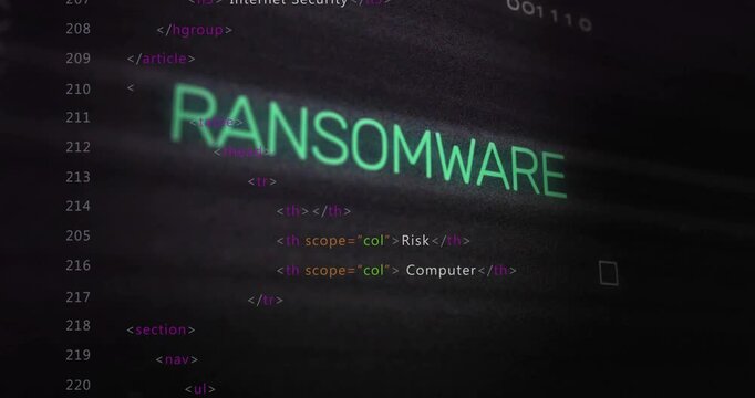 Left code column loading, RANSOMWARE emerging in parts, aligning, glowing, showing malware threat