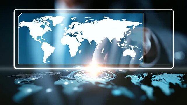 Faceless businessman touching digital interface with allocation icons heavily defocused satellite background anonymous professional with resource distribution display management