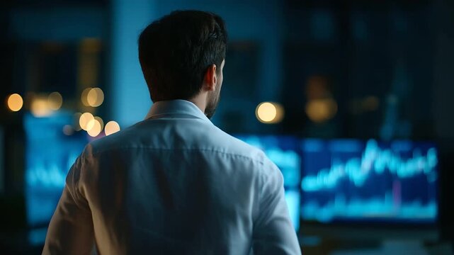 Faceless man watching glowing stock market charts heavily defocused dark room environment background anonymous trader with financial data display investment monitoring scene