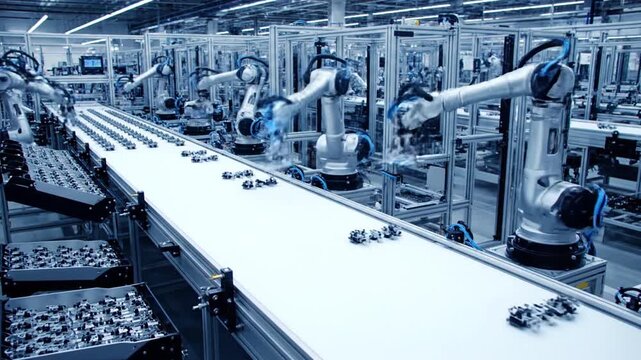 Robotic arms assembly line in modern factory, automation, technology, industry 4.0