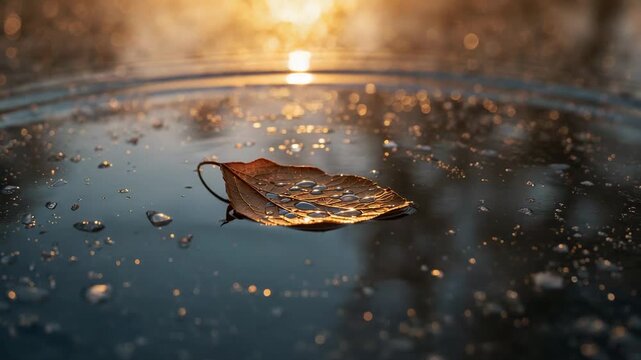 Rippling single brown leaf rocking on shallow pool at golden hour, small droplets striking water