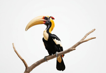 Great Hornbill perched on tree branch, Buceros bicornis, rainforest dweller with large curved beak, white background