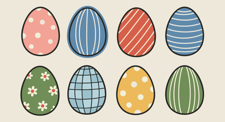 A set of colorful decorative Easter eggs with various patterns in flat minimalist vector style, perfect for spring celebrations and holiday designs