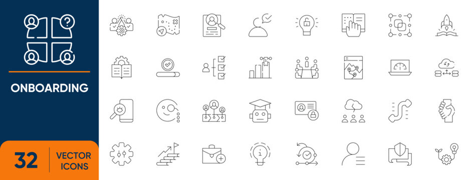 Onboarding Icon Set. Containing employee orientation, human resources, training module, newly hired, welcome knowledge and more. Editable vector Line icons collection.