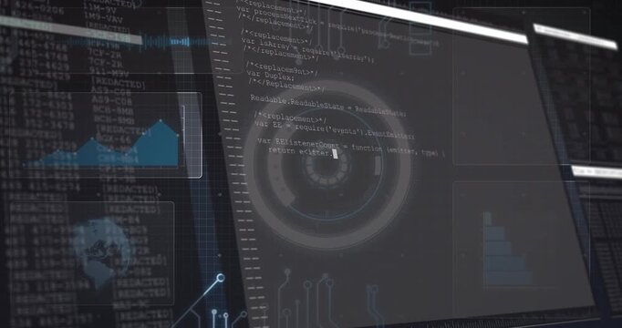 Central HUD pulsing while angled pane sliding in, blinking cursor starting code fill for monitoring