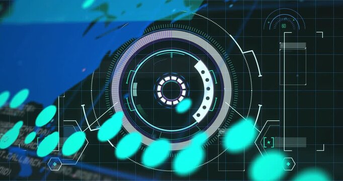 Central HUD rotating and revealing data after turquoise stream enters upper-left showing scan data