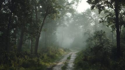Soft fog drifting through empty forest path, calm morning stillness, cinematic realism
