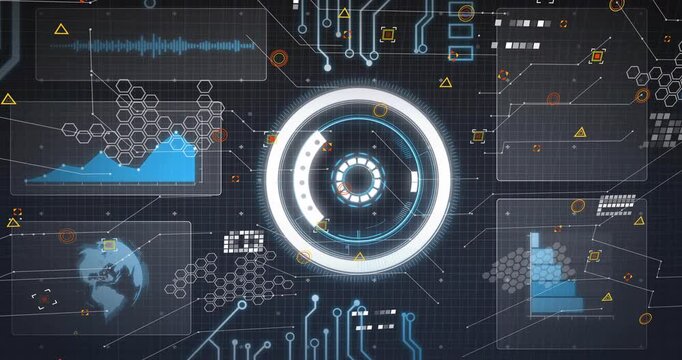 On boot central HUD starting scan; ring rotating, panels updating, warnings flagging for diagnosis