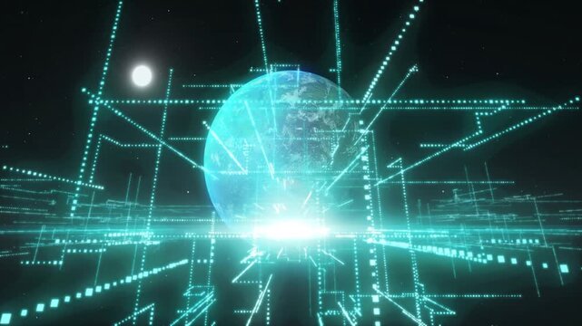 Cyan Earth globe emitting equator flare, forming grid and tiles, representing network boot