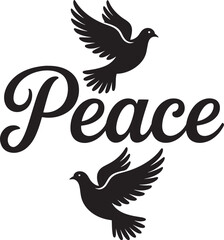 Fototapeta premium Two silhouette doves flying around the word 'Peace' in elegant script, symbolizing hope and harmony.