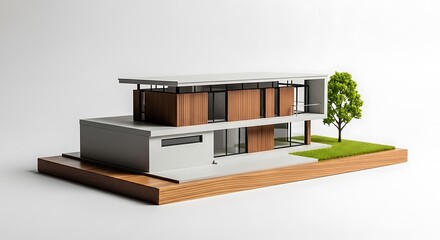 Modern Architectural Model of a Sleek, Two-Story House with Wood Accents and Large Windows, Set on a Green Lawn