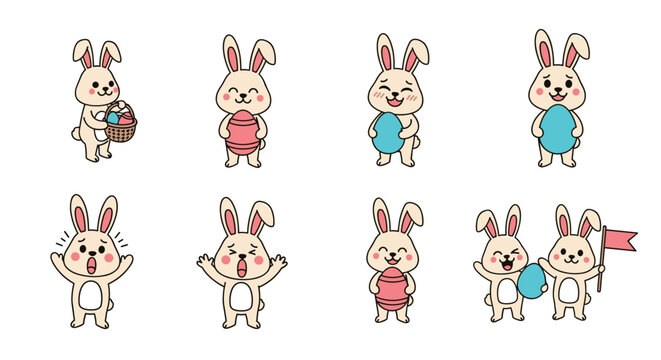 A collection of cute cartoon bunny characters in colorful vector style, perfect for Easter themes and children's designs
