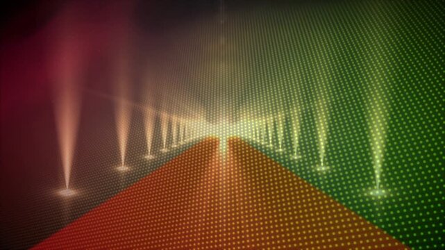 Central glow pulsing, sparking paired columns pulsing while mist drifting inward, forming loop