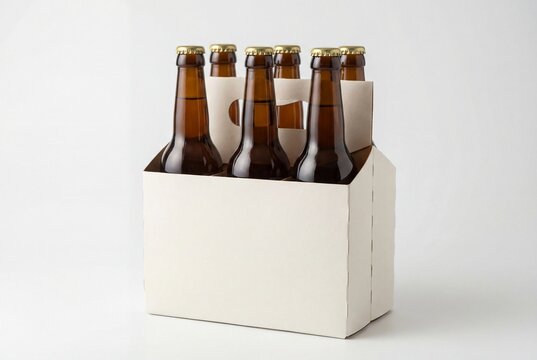 Generic six-pack of brown glass bottles in a blank cardboard carrier