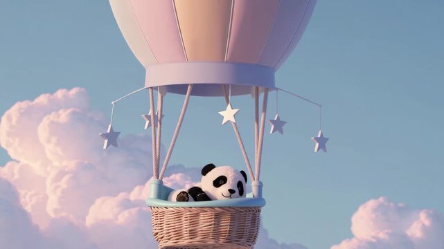 A charming 3D animation of a small panda sitting in a wicker basket of a pastel-colored hot air balloon decorated with hanging stars. This whimsical scene is designed for children&rsquo;s storytelling, drea