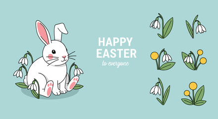 Fototapeta premium A cute rabbit with a pink ear and colorful flowers in flat cartoon vector style, perfect for Easter greeting cards