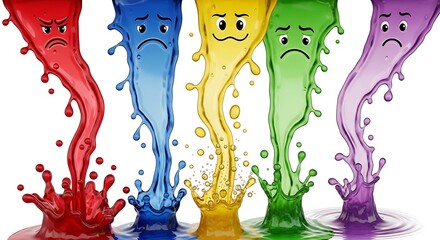 Colorful Liquid Splashes with Expressive Faces: Joyful Yellow vs. Sadness