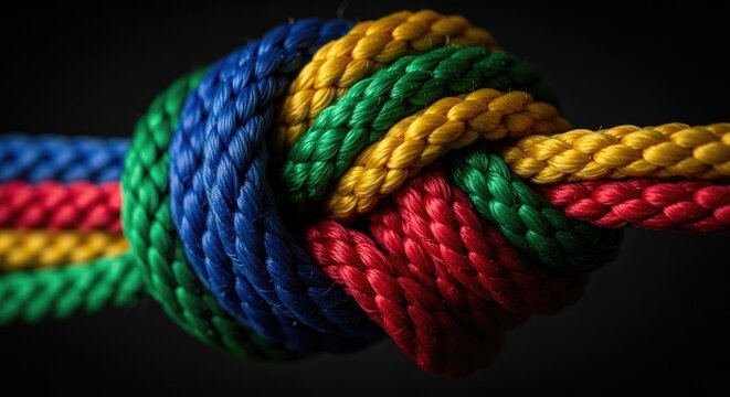 Close up of a colorful knotted rope on black background conceptual design