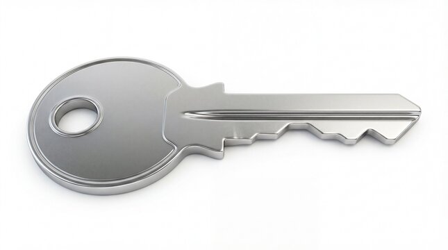 Silver key with round head and serrated edge on white background symbolizing security and access
