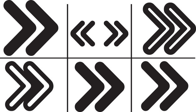 Double rounded chevron arrow icons set for fast forward, skip, next, open, close, sidebar tabs .