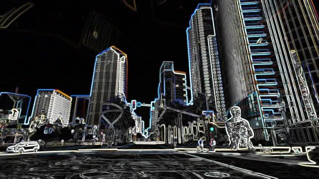 A smooth point-of-view shot from a moving car through an American downtown. Night city filtered with neon glowing outlines on buildings, trees, and traffic. Futuristic synth wave aesthetic.