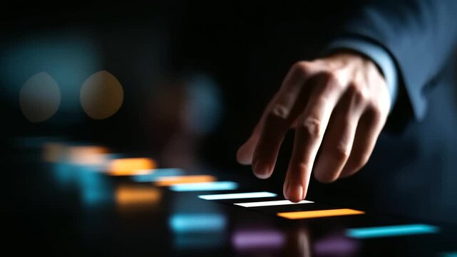 Faceless finger selecting glowing step on futuristic digital timeline heavily defocused interface background anonymous person symbolizing workflow and progress sequential task