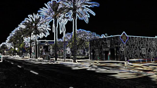 A smooth point-of-view shot from a moving car through an American downtown. Night city filtered with neon glowing outlines on buildings, trees, and traffic. Futuristic synth wave aesthetic.