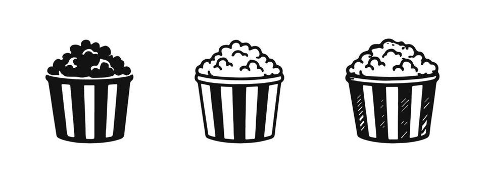 Popcorn Bucket Icon Set. Cinema Snack, Movie Night, and Entertainment Vector Illustration.