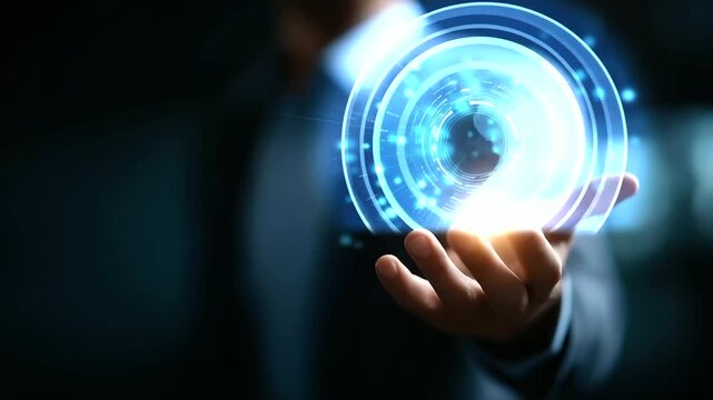 Faceless businessman's hand presenting glowing AI interface heavily defocused background anonymous professional with futuristic digital icons data visualizations display