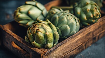 Fototapeta premium Fresh artichokes in rustic wooden box on dark background.