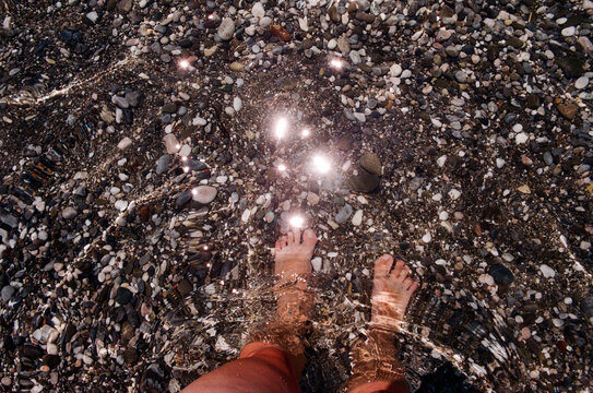 Enjoying a Sunny Day by the Clear Water on a Rocky Beach