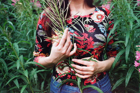 Woman Holding Plants in a Floral Top Among Tall Greenery