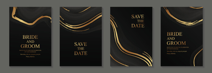 Luxury black liquid marble backgrounds with golden waves for wedding invitations or greeting cards or business. © Anna R