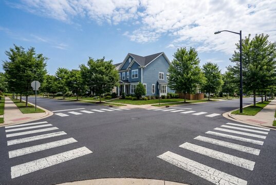 Suburban intersection with crosswalks and a blue two-story house.