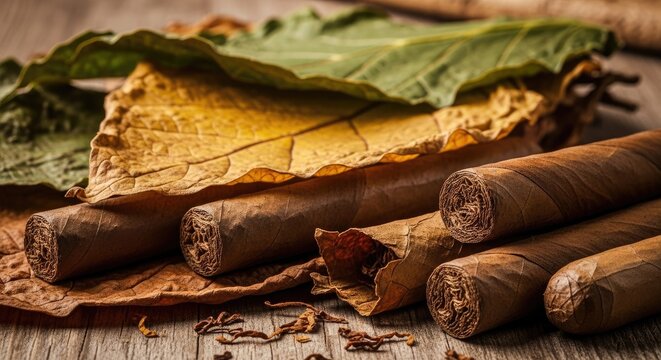 Close up of cigars with leaves showcasing texture and detail on wooden surface