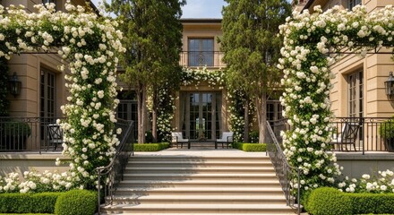 Fototapeta premium Luxury mansion entrance with white rose arch