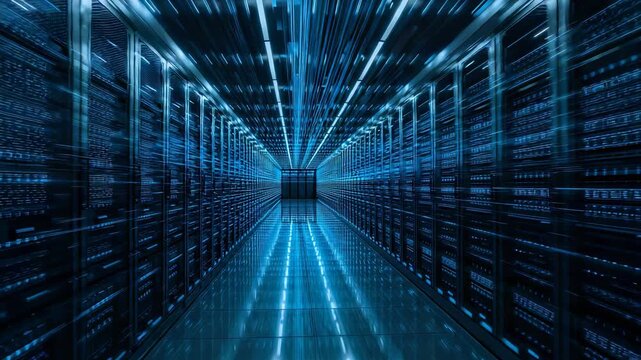 Showing five-frame sequence creating forward motion in server aisle, with LED strips, mirror floor
