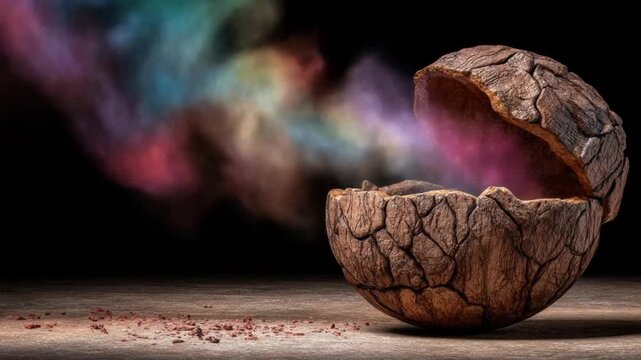 A weathered, cracked shell opens, releasing a cloud of colorful, smoky light, set against a dark background