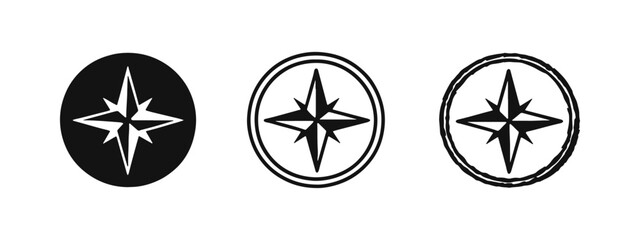 Simple compass rose icon set in multiple styles, representing direction and navigation. © drawing lines