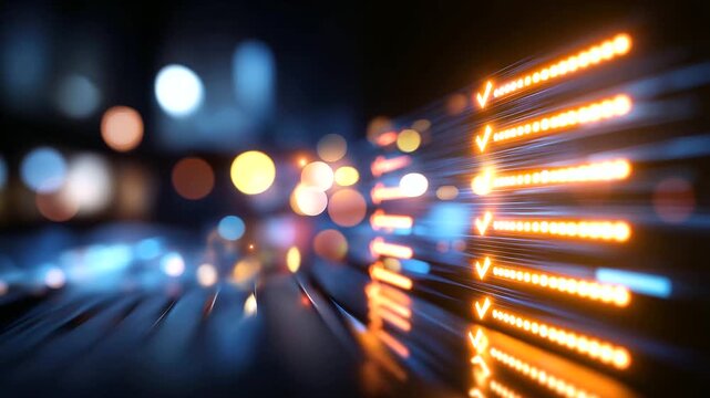 Abstract digital checklist interface with checkmarks heavily defocused glowing bokeh lights background representing progress completion and data processing task management