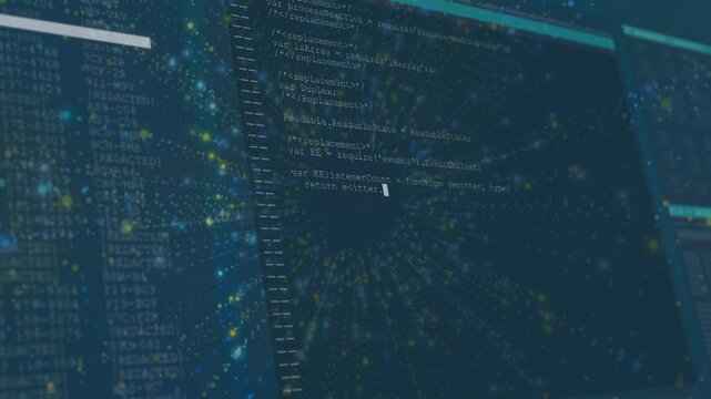 Particle burst opening revealing code editor while code pane filling and caret moving showing data
