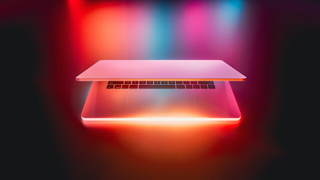 Laptop glows with vibrant neon lights in a dark setting