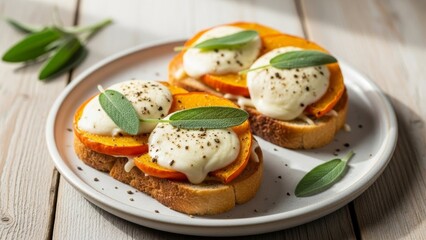 Overhead rustic roasted squash and melted mozzarella toast with sage leaves on ceramic plate for cozy brunch background and food banner