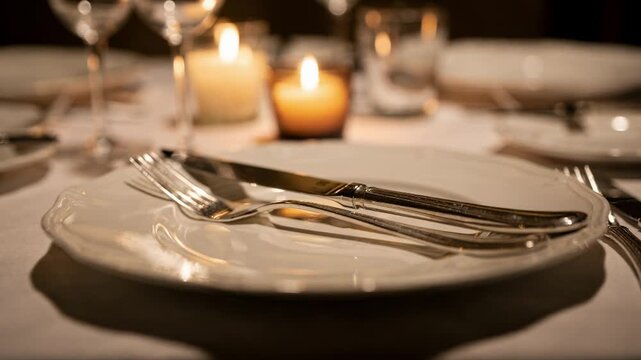 Elegant fine dining arrangement showing sharply focused fork and knife on a pristine plate with the candlelit background dining elements dimly blurred.