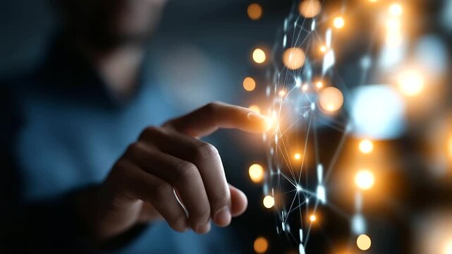 Close up of faceless hand touching digital interface heavily defocused background with glowing user icons anonymous person with network connections human resources concept
