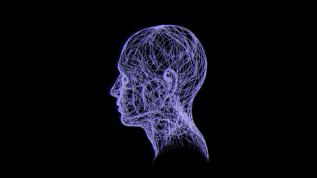 A futuristic 3D animation featuring a human head silhouette made of electric blue neural connections. This visual style perfectly represents cloud computing, digital consciousness, and modern AI techn