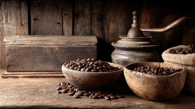 Vintage Wooden Bowls Filled with Coffee Beans Next to Antique Grinder on Rustic Table Surrounded by Wooden Background and Textured Elements