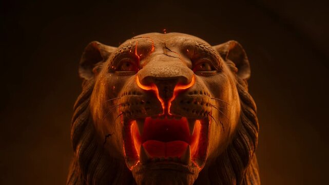 Ancient Sekhmet stone lioness face glowing from fiery cracks with slow motion sparks and quiet roar, mystical energy awakening in detailed rough texture