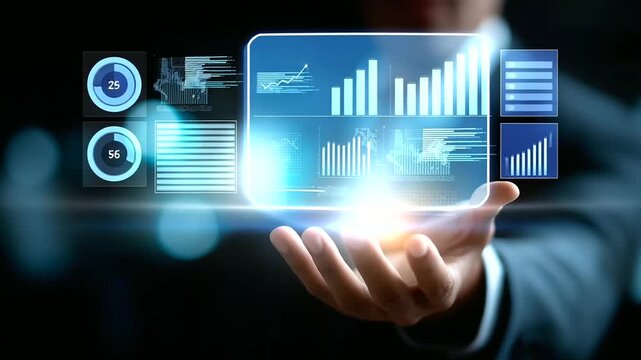 Faceless businessman presenting AI interface with data dashboard heavily defocused background anonymous professional with analytics graphs and charts artificial intelligence mac