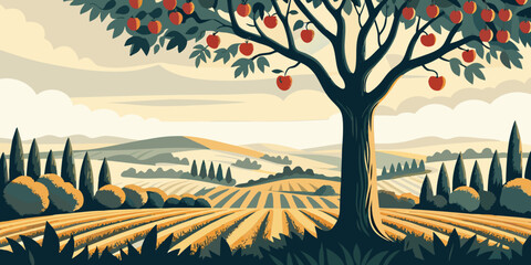 A stylized illustration of a tree laden with fruit in a landscape © John Lee